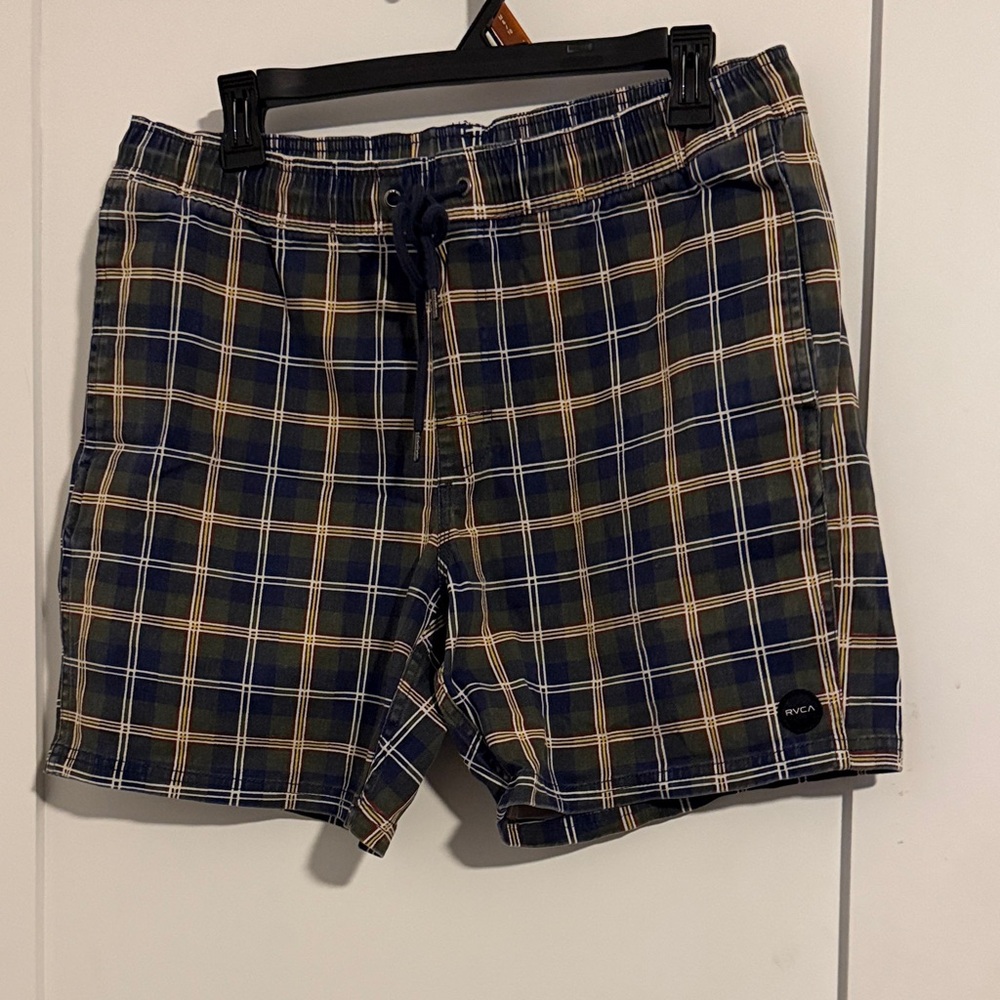 RVCA Men's Navy Plaid Swim Trunks with Tan and White Windowpane